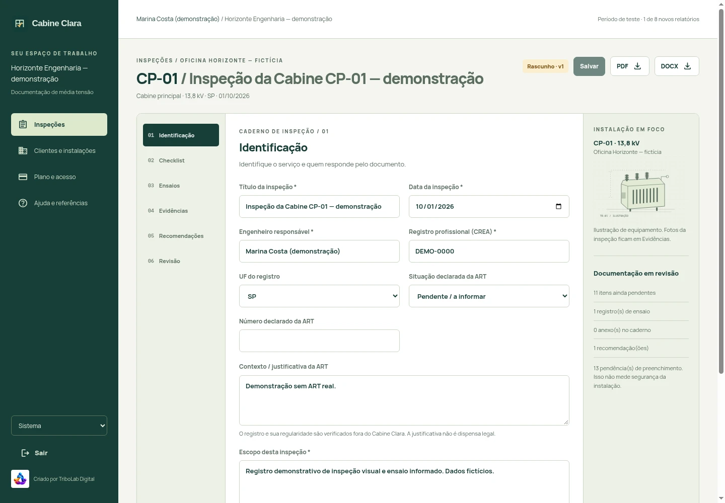 Caderno de inspeção com instalação demonstrativa CP-01