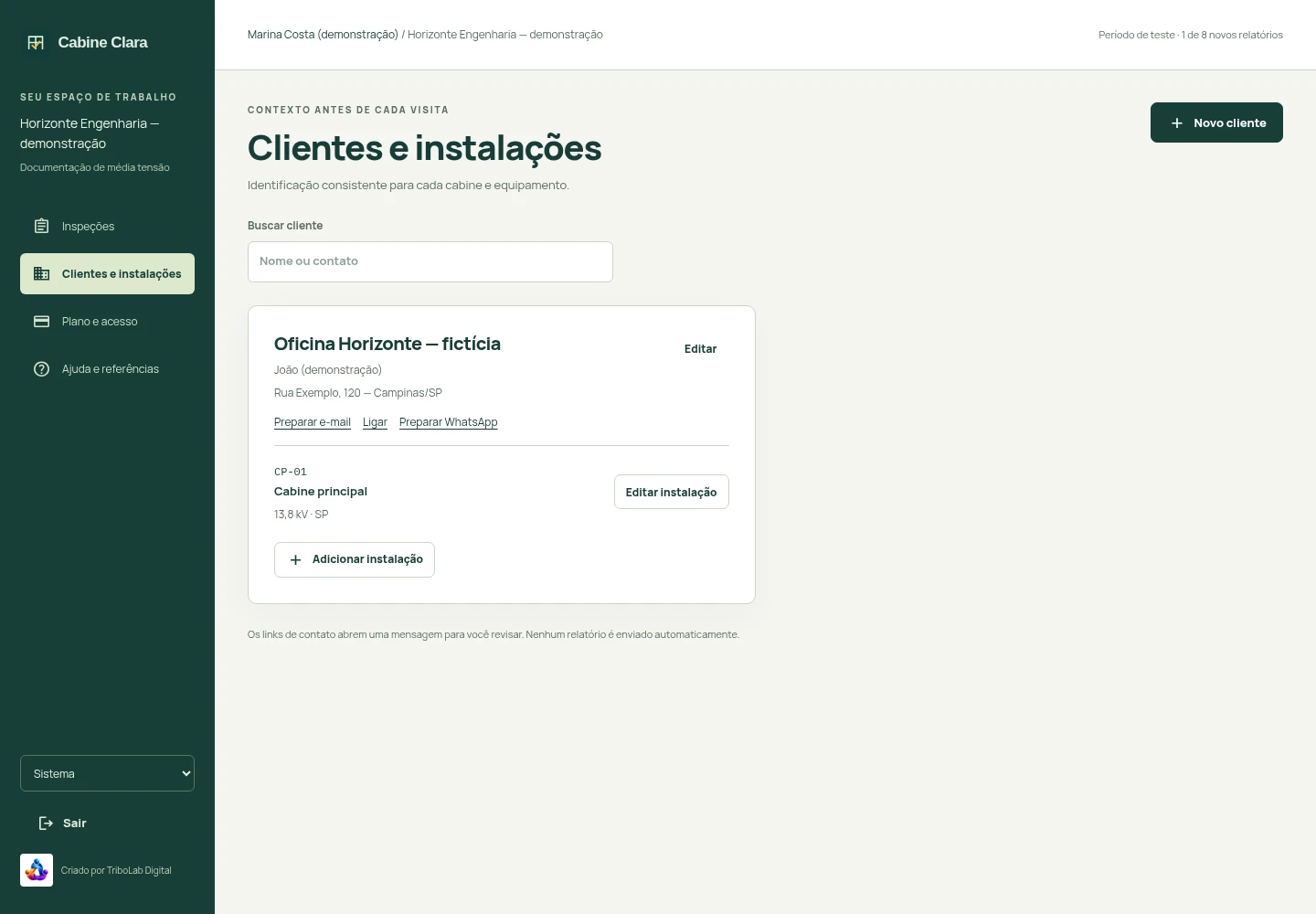 Clientes e instalações fictícios organizados por TAG