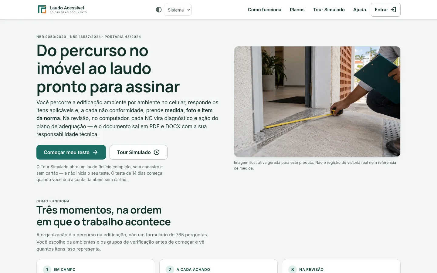 Apresentação do Laudo Acessível com imagem ilustrativa de vistoria e a proposta do percurso ao laudo