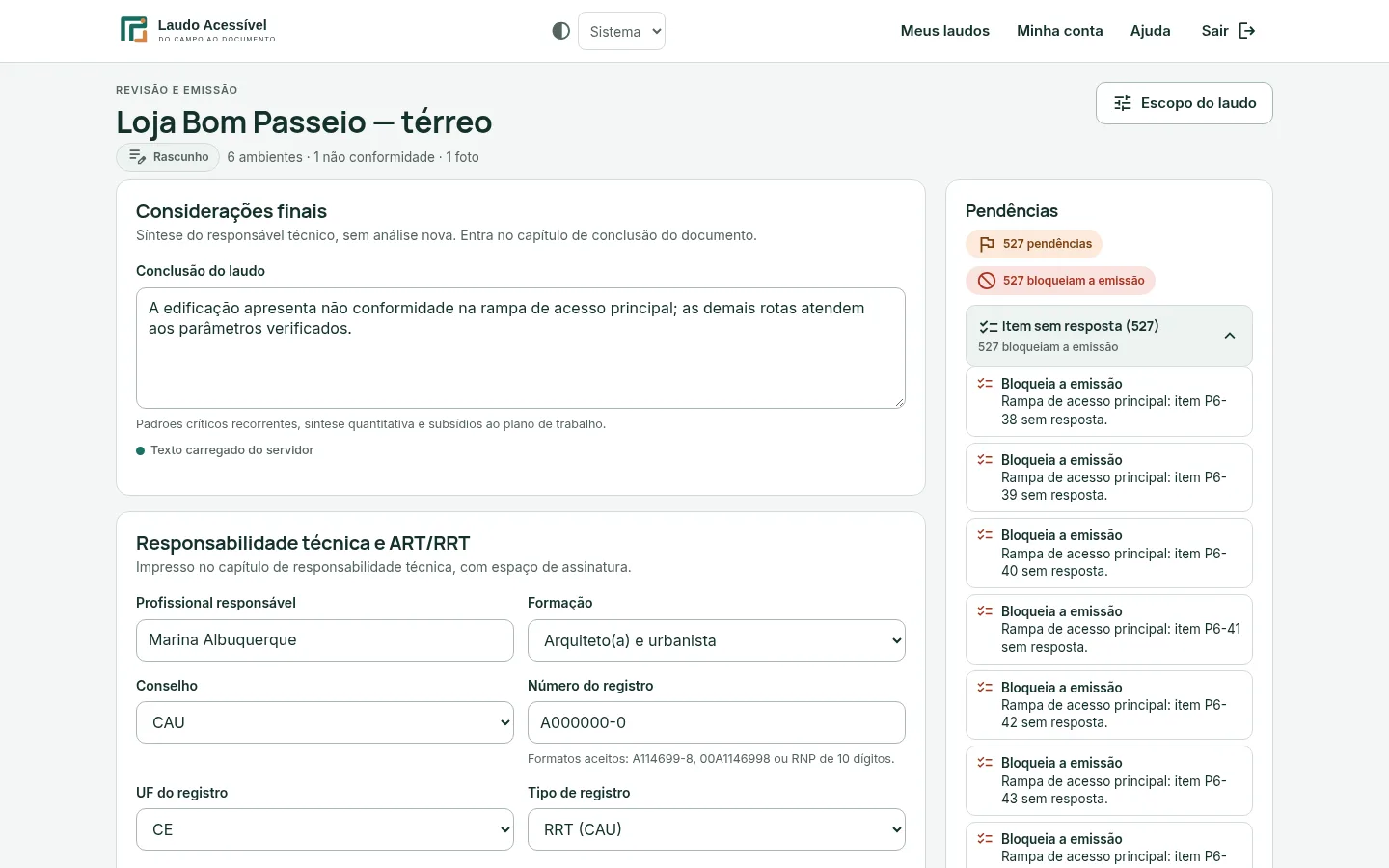 Tela de revisão e emissão com considerações finais, responsabilidade técnica e painel de pendências que bloqueiam a emissão