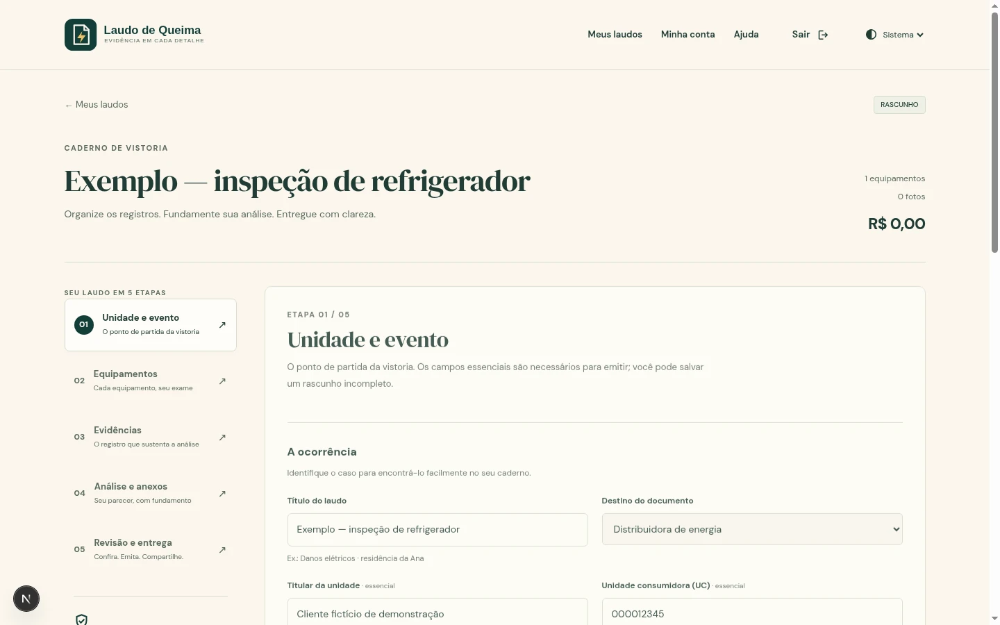 Editor de unidade e evento com dados inteiramente fictícios