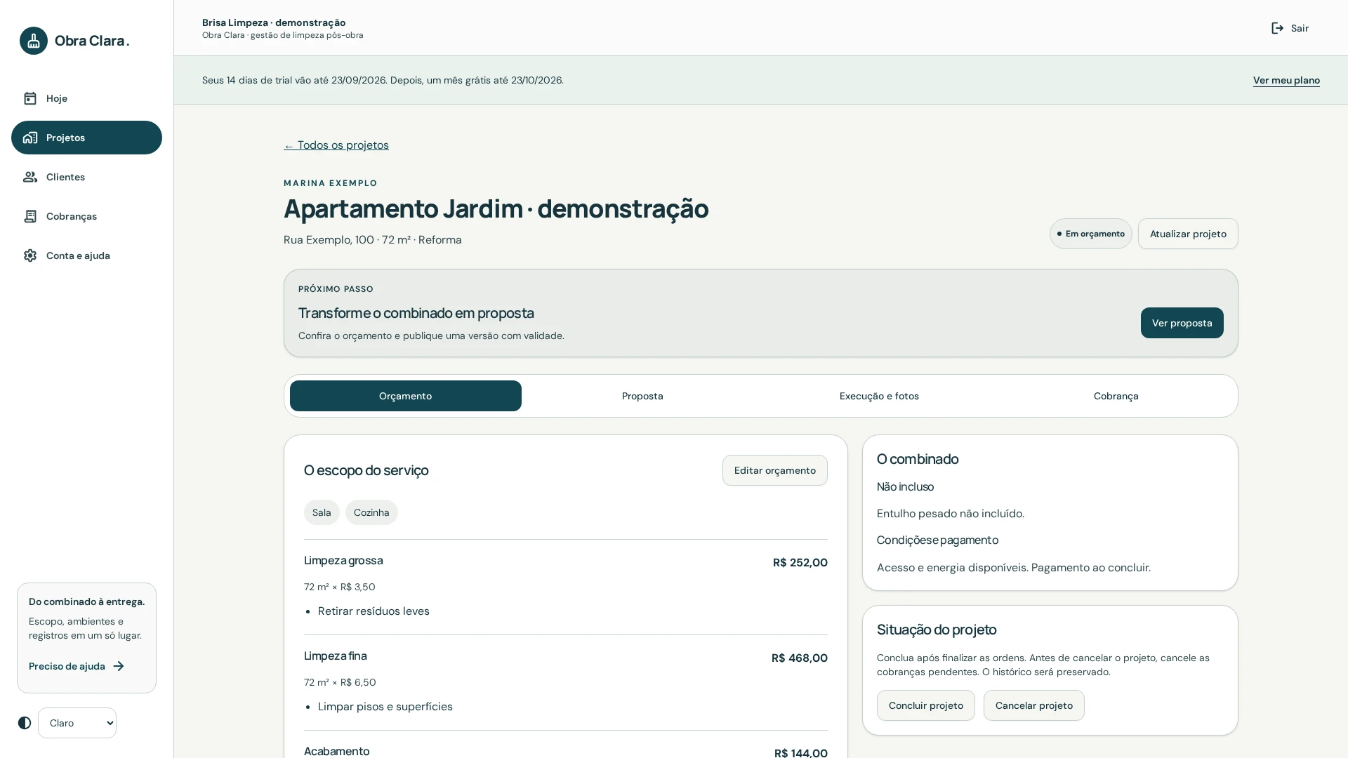 Orçamento de limpeza com serviços e valores demonstrativos