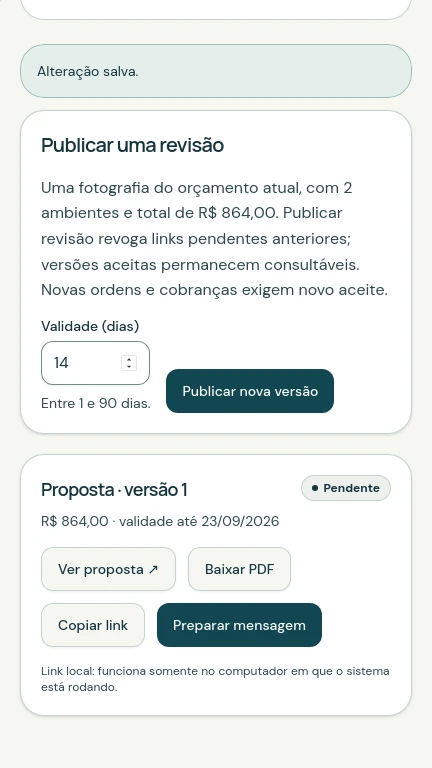 Proposta demonstrativa publicada na interface mobile
