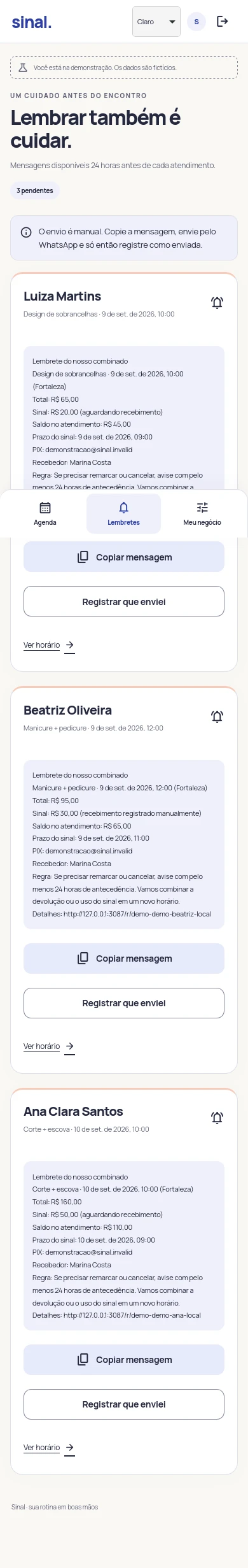 Fila de lembretes de atendimentos com dados fictícios